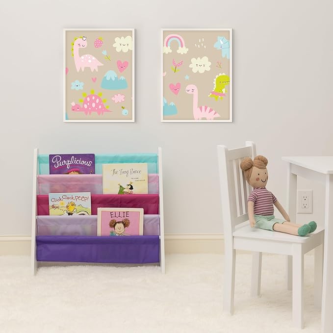 White/Pink/Purple/Blue Kids Book Rack Storage Bookshelf, 4 Tiers, 25" W x 11" D x 24" H