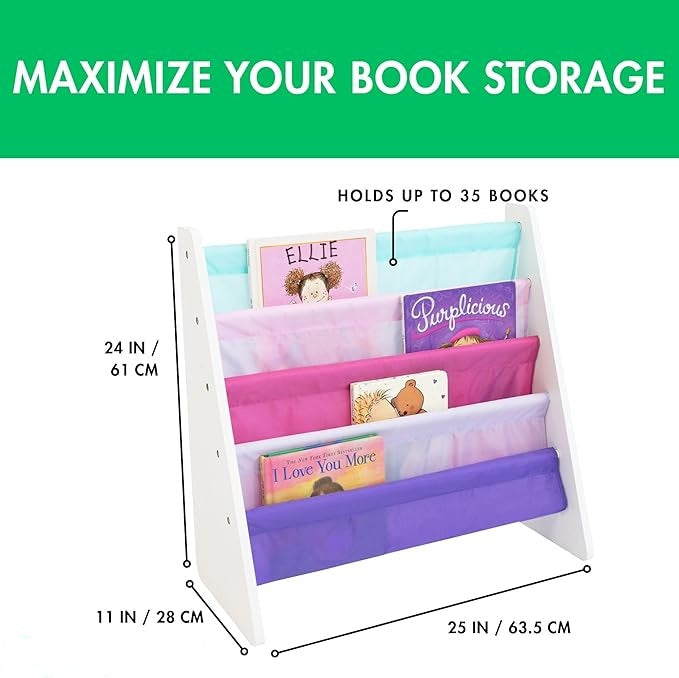 White/Pink/Purple/Blue Kids Book Rack Storage Bookshelf, 4 Tiers, 25" W x 11" D x 24" H